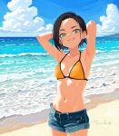  1girl armpits arms_behind_head arms_up artist_name beach bikini bikini_bottom_under_shorts bikini_under_clothes black_hair blue_eyes blue_shorts breasts cloud cloudy_sky collarbone commentary_request cowboy_shot day denim denim_shorts eyelashes hip_bones looking_at_viewer medium_breasts navel ocean orange_bikini original outdoors parted_lips presenting_own_armpit short_hair shorts signature sky smirk solo stomach surf swimsuit tanukichikushin teeth thighs wet 