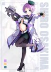  1girl absurdres artist_request belt black_shoes blue_eyes blush breasts bullpup character_name closed_mouth color_guide commentary_request eyelashes fingerless_gloves fingernails fn_p90 full_body gloves gradient_hair green_gloves green_hat green_skirt gun hat hat_feather high_heels highres holding holding_gun holding_weapon indie_virtual_youtuber jacket long_sleeves midriff multicolored_hair nail_polish navel official_art open_clothes open_jacket osakima_shiro outstretched_arm pantyhose pencil_skirt pointing purple_hair purple_nails purple_pantyhose second-party_source shoes skirt smile solo standing standing_on_one_leg submachine_gun two-tone_hair virtual_youtuber weapon white_belt white_jacket zoom_layer 