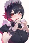  1girl absurdres black_hair blush breasts colored_inner_hair commentary_request ellen_joe embarrassed gomashiwo_o hair_ornament hairband heart heart_hands highres large_breasts looking_to_the_side maid maid_headdress metal_hairband mole mole_under_eye multicolored_hair open_mouth portrait puffy_short_sleeves puffy_sleeves razor_blade_hair_ornament red_eyes red_hair sharp_teeth short_hair short_sleeves simple_background solo spiked_headband teeth two-tone_hair white_background zenless_zone_zero 