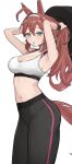  1girl ahoge animal_ears armpits arms_up bare_shoulders black_leggings blue_eyes blush breasts brown_hair cleavage commentary english_commentary grey_hairband hair_between_eyes hair_tie_in_mouth hairband highres horse_ears horse_girl horse_tail large_breasts leggings long_hair midriff mihono_bourbon_(umamusume) mouth_hold navel shuuzo3 silver_hairband sports_bra tail tying_hair umamusume weights white_hairband white_sports_bra workout_clothes wristband 