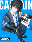  1boy absurdres ananta black_gloves black_hair blue_eyes blue_necktie chinese_commentary clapperboard closed_mouth collared_shirt commentary_request fingerless_gloves foreshortening gloves hair_between_eyes hand_in_pocket highres jacket long_sleeves male_protagonist_(ananta) necktie open_clothes open_jacket pants shirt short_hair smile solo ti_an tie_clip white_shirt 