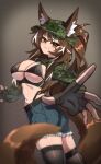  1girl absurdres animal_ears bikini black_gloves blue_shorts breasts brown_eyes brown_hair callisto_(greyeth) camouflage camouflage_jacket canadian_flag commission denim denim_shorts fingerless_gloves foreshortening fox_ears fox_girl fox_tail gloves hat highres jacket large_breasts long_hair multicolored_hair original reaching reaching_towards_viewer second-party_source shorts sketchy_guy01 smile solo standing streaked_hair swimsuit tail thighhighs 
