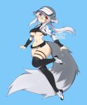  1girl animal_ears artist_name black_thighhighs blue_background bottomless braid breasts commentary commission crop_top english_commentary fang fang_out fox_ears fox_girl fox_tail full_body grey_hair grey_streaks groin hair_between_eyes highres izumi_(miko101) jellyenvy large_breasts large_tail long_hair long_sleeves looking_at_viewer multicolored_hair navel original ponytail second-party_source shoes shrug_(clothing) simple_background solo streaked_hair tail thighhighs two-tone_hair underboob visor_cap white_shoes yellow_eyes 