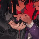  2girls black_hair black_jacket black_nails black_shirt collared_shirt grey_eyes housho_margo jacket jewelry kurobe_nanoka long_hair long_sleeves mahou_shoujo_no_majo_saiban multiple_girls nail_polish neck_ribbon no_mouth official_alternate_costume purple_nails purple_suit red_background ribbon ring shirt simple_background smile suit teeth white_shirt wuubaiwan yuri 