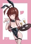  1girl ahoge alternate_costume animal_ear_hairband animal_ears black_bow black_bowtie black_leotard blowing_kiss bow bowtie breasts brown_eyes brown_hair canoka champagne_flute commentary_request cup detached_collar drinking_glass fake_animal_ears fishnet_thighhighs fishnets hairband highres huge_ahoge kantai_collection kuma_(kancolle) leotard light_censor one_eye_closed playboy_bunny rabbit_ears small_breasts solo strapless strapless_leotard thighhighs tray wrist_cuffs 