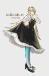  1girl black_dress black_shoes block_heels blonde_hair blue_pantyhose call_of_cthulhu commentary_request copyright_name dress flower food-themed_hair footwear_flower footwear_ribbon full_body gradient_pantyhose hair_between_eyes hair_bun hair_ornament hair_sprinkles hair_stick hairclip hand_on_own_chest hand_up highres holding_own_dress juliet_sleeves kodama_masaki leaf_hair_ornament legs_together long_hair long_sleeves looking_at_viewer looking_to_the_side mandarin_collar medium_dress miniature_(ttrpg_scenario) nail_polish pantyhose parallel_hairclips pinafore_dress pleated_sleeves puffy_sleeves shirt shoes single_hair_intake single_side_bun single_sidelock sleeveless sleeveless_dress sleeves_past_wrists smile solo standing very_long_hair white_background white_pantyhose white_shirt yellow_eyes yellow_nails 