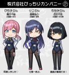  3girls black_hair black_leotard black_shoes blue_eyes blue_hair blush_stickers breasts brown_eyes brown_pantyhose chibi closed_mouth commentary_request covered_navel frown gradient_hair gurande_(g-size) highres lanyard leotard long_hair medium_breasts multicolored_hair multiple_girls original pantyhose pink_hair purple_hair red_shoes shoes smile streaked_hair thighband_pantyhose translation_request very_long_hair yellow_eyes 