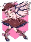  1girl absurdres animal_ears bird_ears bird_girl bird_wings black_shoes blush breasts brown_dress brown_hat brown_socks closed_mouth commentary_request dress full_body hand_on_own_chin hand_up hat heart heart-shaped_pupils highres kneehighs komugi_zora leaning_forward long_sleeves medium_breasts mystia_lorelei pink_hair shirt shoes smile socks solo symbol-shaped_pupils touhou white_shirt winged_hat winged_shoes wings 