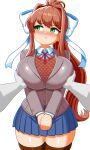  1girl absurdres alternate_breast_size_(larger) averting_eyes black_thighhighs blue_skirt blush breasts doki_doki_literature_club doki_doki_literature_club_school_uniform grabbing_another's_breast green_eyes grey_jacket groping hair_intakes hair_ribbon highres huge_breasts jacket long_hair long_sleeves miniskirt mochi_(somniserotonin) monika_(doki_doki_literature_club) neck_ribbon nose_blush orange_sweater_vest pout pov pov_hands red_ribbon ribbon school_uniform shirt skirt solo sweater_vest thighhighs very_long_hair white_ribbon white_shirt zettai_ryouiki 