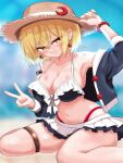  1girl absurdres adversarial_noise ayu_yutyaso beach bikini bikini_skirt black_shirt blonde_hair blurry blurry_background blush breasts collarbone commentary crescent crescent_hat_ornament earrings frilled_bikini frills hair_between_eyes hand_on_own_hat hand_up hat hat_ornament highres jewelry large_breasts light_smile looking_at_viewer lunasa_prismriver medium_hair midriff navel open_clothes open_shirt shirt sitting solo sphere_earrings straw_hat swimsuit thigh_strap thighs touhou v wariza yellow_eyes 