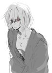  1boy absurdres commentary_request glaring greyscale hair_between_eyes hand_on_own_arm highres japanese_clothes kimono korean_commentary looking_at_viewer male_focus medium_hair messy_hair monochrome nama_tlqkf pectorals red_eyes shaded_face simple_background sketch solo tohno_shiki_(original) tsukihime 
