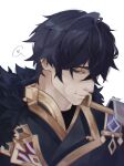  1boy black_fur black_hair black_jacket black_shirt blue_eyes closed_mouth collared_jacket commentary crossed_bangs english_commentary genshin_impact gold_trim heart highres itsrchlrt jacket lapels male_focus parted_bangs portrait shirt short_hair sideways_glance simple_background smile solo speech_bubble spoken_heart valeriy_(genshin_impact) very_short_hair white_background 