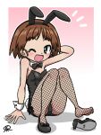  1girl animal_ear_hairband animal_ears black_leotard black_shoes blue_eyes bow bowtie breasts brown_hair commentary_request detached_collar fake_animal_ears fishnet_pantyhose fishnets full_body girls_und_panzer hairband leotard one_eye_closed pantyhose playboy_bunny rabbit_ears rabbit_tail sakaguchi_karina shoes short_hair single_unworn_shoe sitting small_breasts smile solo strapless strapless_leotard tail takahashi_kurage wrist_cuffs 