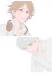  2boys absurdres brown_eyes brown_hair closed_mouth dress_shirt grey_eyes grey_hair hanamura_yousuke headphones headphones_around_neck highres looking_at_another male_focus multiple_boys narukami_yu parted_lips persona persona_4 quansiwang shirt short_hair simple_background teeth upper_body white_background white_shirt 