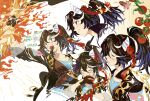  2girls absurdres animal_ears black_gloves black_hair black_jacket blue_eyes blue_shirt closed_eyes closed_mouth commentary_request dafvkydbwep ear_covers fire gloves hair_ornament highres horse_ears horse_girl jacket katsuragi_ace_(dragon_rising_to_the_top)_(umamusume) katsuragi_ace_(umamusume) laughing long_sleeves medium_hair multicolored_gloves multicolored_hair multiple_girls multiple_views open_mouth ponytail red_gloves shirt simple_background smile streaked_hair tassel tassel_hair_ornament teeth tomato two-tone_gloves umamusume upper_body upper_teeth_only white_background white_hair 