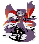  1girl animal_ear_hood bell braid chain cloak closed_mouth commentary cuffs curse_maker curse_maker_2 full_body hair_between_eyes highres hood hood_up hooded_cloak leg_wrap looking_at_viewer medallion moru_(monaka) neck_bell purple_cloak purple_hair sekaiju_no_meikyuu sekaiju_no_meikyuu_1 shaded_face simple_background solo torn_cloak torn_clothes twin_braids white_background 