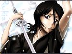  artist_request black_hair bleach blue_eyes desktop hair_between_eyes katana kuchiki_rukia shikai shinigami short_hair sode_no_shirayuki_(shikai) solo sword wallpaper weapon 