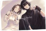  1boy 1girl ^_^ black_hair bracelet brother_and_sister brown_hair caim_(drag-on_dragoon) closed_eyes double_v drag-on_dragoon drag-on_dragoon_1 dress furiae highres jewelry sa_bakan6 shirt short_hair short_sleeves siblings sitting smile turtleneck turtleneck_shirt twitter_username v watermark white_dress 