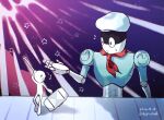  1boy 2boys ^^^ aeginflash commentary_request crossover eye_contact flying_sweatdrops hammer hat highres holding holding_hammer humanoid_robot joints looking_at_another male_focus mallet multiple_boys neckerchief open_mouth red_neckerchief rhythm_tengoku rhythm_tengoku_miracle_stars robot s-catch-01 sailor_hat star_(symbol) surprised sweatdrop tom_catio_(rhythm_tengoku) twitter_username 