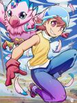  1girl aimerick bare_shoulders blue_hat blue_pants blue_sky cloud cloudy_sky denim digimon digimon_(creature) digimon_adventure english_commentary falling_feathers feathers full_body gloves grin hat highres jeans looking_at_viewer orange_hair pants pink_eyes piyomon red_gloves shirt short_hair signature sky sleeveless sleeveless_shirt smile takenouchi_sora white_shirt 