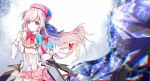  1girl aiguillette arcaea ascot beret blue_bow bow bowtie bug butterfly carnation chromatic_aberration closed_mouth commentary_request detached_wings dress flower frilled_dress frills gem_hat_ornament glass_shards hat hat_ribbon highres hikari_(arcaea) hikari_(fracture)_(arcaea) holding holding_flower layered_dress long_hair long_sleeves looking_at_viewer mechanical_wings pink_ascot pink_carnation pink_flower pink_hair red_bow red_bowtie red_butterfly red_hat ribbon sakula2ylv solo two-tone_bow upper_body white_dress wings 