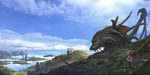  cloud creature day dragon fantasy flower highres island landscape no_humans original reflection scenery sky tail tower uchio_kazumasa water wings 