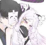  1boy 1girl ahoge black_gloves black_halo black_shirt blue_archive blush center_frills collared_shirt covering_another's_mouth demon_girl demon_horns faceless faceless_male frills gloves grin hair_ornament hairclip halo hand_over_another's_mouth hetero highres hina_(blue_archive) horns kurisu1904 long_hair looking_at_another looking_down multiple_horns parallel_hairclips parted_bangs purple_eyes purple_halo sensei_(blue_archive) shirt sketch sleeveless sleeveless_shirt smile white_background white_hair white_shirt 