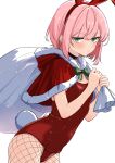  1girl animal_ear_hairband animal_ears black_choker blush bow bowtie capelet choker closed_mouth commentary_request covered_navel cowboy_shot fake_animal_ears fishnet_pantyhose fishnets from_side fukouko_(keisuke309) fur-trimmed_capelet fur_trim green_bow green_bowtie green_eyes hairband highres holding holding_sack keisuke309 leotard looking_at_viewer looking_to_the_side original pantyhose pink_hair playboy_bunny rabbit_ear_hairband rabbit_ears red_capelet red_hairband red_leotard sack santa_costume short_hair simple_background solo standing turning_head white_background 