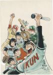  1970s_(style) 1girl 6+boys abu-san_(manga) arm_up ball baseball_(object) baseball_bat baseball_cap baseball_helmet baseball_jersey baseball_mitt baseball_uniform belt black_belt black_hair black_hat black_shirt chest_protector closed_eyes creator_connection crossover dokaben gloves green_gloves green_helmet green_shirt hand_on_another's_shoulder happy hat helmet highres holding holding_ball holding_baseball_bat ikyuu-san iwaki_masami jersey kageura_yasutake kyuudou-kun layered_sleeves leaf long_sleeves looking_at_another looking_at_viewer medium_hair mizuhara_yuuki mizushima_shinji mouth_hold multiple_boys nakanishi_kyuudou_(kyuudou-kun) open_mouth painting_(medium) pants parted_lips red_helmet red_shirt retro_artstyle sanada_ikkyuu satonaka_satoru shirt shoes short_hair short_over_long_sleeves short_sleeves sideburns sideways_hat signature simple_background smile sneakers spitting sportswear stalk_in_mouth thick_eyebrows third-party_source tonoma_kazuto traditional_media white_background white_pants white_shirt white_shoes yakyuu-kyou_no_uta yamada_tarou_(dokaben) yellow_pants yellow_shirt 