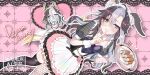  1girl alternate_costume animal_ears apron black_thighhighs blonde_hair blue_eyes blush breasts brown_hair character_name chibi chibi_inset collarbone commentary_request detached_collar dream_journey_(umamusume) enmaided finger_to_mouth fishnet_thighhighs fishnets food frills gradient_hair highres holding holding_tray horse_ears horse_girl juliet_sleeves lace long_sleeves looking_at_viewer maid maid_apron maid_headdress multicolored_hair parted_lips pastry pink_background puffy_sleeves semikoron1082 short_sleeves single_fishnet_legwear single_thighhigh small_breasts solo thighhighs tray twitter_username umamusume watermark white_hair 