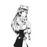  1girl animal_ears armor belt blunt_bangs breastplate bridal_gauntlets closed_mouth commentary delamoste double-parted_bangs dress english_commentary from_side gauntlets greyscale hair_tubes hand_on_own_face long_hair long_sleeves looking_at_viewer looking_to_the_side metal_arm_cuffs metal_hair_tubes metal_wrist_cuffs missing_tail monochrome outstretched_arm pauldrons raccoon_ears raccoon_girl raphtalia shoulder_armor simple_background single_pauldron sleeveless sleeveless_dress smile solo straight_hair tanuki tate_no_yuusha_no_nariagari two-tone_dress upper_body 