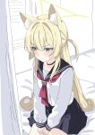  1girl absurdres animal_ear_fluff animal_ears averting_eyes bad_fanbox_id bad_id black_choker black_sailor_collar black_skirt blonde_hair blue_archive blush choker closed_mouth fox_ears green_eyes green_halo halo highres kamiyama_(sayumimskz) kurumi_(blue_archive) long_hair long_sleeves neckerchief red_neckerchief sailor_collar shirt sitting skirt solo white_shirt 