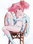  1girl bow bra breasts chair closed_mouth collarbone expressionless hair_bow highres kaname_madoka kneehighs leg_up looking_to_the_side looking_up mahou_shoujo_madoka_magica mahou_shoujo_madoka_magica_(anime) marutaya navel on_chair open_clothes open_shirt panties pink_bow pink_eyes pink_hair recolored shirt sidelocks simple_background sitting sleeves_past_wrists small_breasts socks solo twintails underwear white_background white_bra white_panties white_socks wooden_chair 