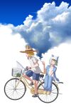  2girls absurdres animal_ear_headwear bicycle blonde_hair blue_pants blue_shirt blue_shorts blue_sky chinese_commentary closed_eyes commentary crocs dsfr etsushimaru_yakuko full_body green_hair hand_net hat highres multiple_girls outdoors pants sandals satou_yaniko shirt shoes shorts sky smoking white_hat white_shirt white_shoes yani_neko yellow_eyes yellow_hat yellow_sandals 