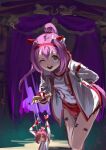  1girl :d ;d animal_ears arm_behind_back bow buruma commentary_request control_bar cowboy_shot curtains doll_joints ear_bow ear_covers fingerless_gloves flower-shaped_pupils flower_in_eye gloves haru_urara_(bestest_prize)_(umamusume) haru_urara_(umamusume) headband highres holding horse_ears horse_girl horse_tail inishie_kumo jacket joints long_hair long_sleeves looking_at_viewer marionette marionette_controller one_eye_closed open_clothes open_jacket open_mouth pink_buruma pink_hair pink_headband ponytail puppet puppet_strings puppeteering red_buruma red_gloves red_headband shirt smile solo stage stage_curtains standing string symbol-shaped_pupils symbol_in_eye tail teeth umamusume upper_teeth_only white_jacket white_shirt 