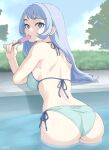  1girl absurdres ass bare_shoulders bikini blue_bikini blue_eyes blue_hair blue_sky boku_no_hero_academia breasts bright_pupils commentary day elbow_rest food food_in_mouth from_behind hado_nejire halterneck hedge highres holding holding_food holding_popsicle large_breasts light_blush long_hair looking_at_viewer looking_back median_furrow melting_popsicle outdoors pale_colors pool poolside popsicle popsicle_in_mouth shoulder_blades side-tie_bikini_bottom side_part signature sky solo stayaliveplz string_bikini swept_bangs swimsuit tree wading water water_drop wet white_pupils 