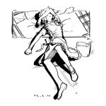  1girl apron arm_on_own_head bed blush bow character_name chenwei_jun chinese_commentary commentary_request dated dress greyscale hair_bow highres izayoi_sakuya knee_up long_hair lying maid_apron maid_headdress monochrome on_back pillow shoes sketch socks solo thighs touhou triangle_mouth upskirt 