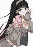  1girl :t absurdres black_hair breasts camisole cellphone cleavage closed_mouth collarbone commentary_request fingernails from_side grey_camisole grey_hairband grey_jacket grey_shorts hairband hands_up hatopippi45 highres holding holding_phone jacket large_breasts long_hair long_sleeves looking_at_viewer looking_to_the_side midriff multicolored_hair nail_polish open_clothes open_jacket original phone photo_(object) pink_nails pout red_eyes red_hair selfie shorts sideways_glance simple_background single_bare_shoulder single_off_shoulder sleeves_past_wrists smartphone smartphone_case solo sticker strap_slip taking_picture two-tone_hair upper_body very_long_hair white_background 