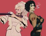  1boy 1girl aiming arm_tattoo arms_up black_pants black_tank_top blonde_hair bow commentary contrapposto cowboy_shot crossdressing crossdressing_(mtf) curly_hair dolly_parton dr._frank-n-furter dress earrings elbow_gloves eyeshadow fingerless_gloves frilled_sleeves frills gloves gun hair_bow highres holding holding_weapon in_memoriam jacket jewelry lipstick long_hair looking_at_viewer makeup mascara nail_polish necklace pants parted_bangs piercing pink_bow real_life red_background red_nails rifle short_hair smoke smoke_trail smoking striped_clothes striped_dress tank_top tattoo the_rocky_horror_picture_show tim_curry torn_clothes untranslatable_commentary weapon white_jacket zizzlearts 