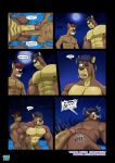 abs anthro anus bent_over big_penis blue_hair bodily_fluids brown_body brown_hair brown_penis bruised bruised_eye butt canid canine canis cobby_(vju79) comic comparing comparing_penis cougar dialogue duo english_text erection eye_contact eye_scar facial_scar facing_each_other felid feline full_moon genitals glans glare grin hair hi_res high-angle_view humanoid_genitalia humanoid_penis imminent_sex imperial_unit looking_at_another looking_back male male/male mammal moon muscular muscular_anthro muscular_male navel nervous nervous_sweat night nipples nude one_eye_closed outside partially_submerged pecs penis penis_on_butt penis_size_difference rape_face scar scared sky smile sweat text vein veiny_penis vju79 wolf wounded yellow_penis zudrec_(vju79)