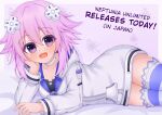  1girl blush choker choushinjiku_game_neptune_unlimited commentary d-pad d-pad_hair_ornament emblem english_text hair_ornament highres hood hoodie mixed-language_commentary neptune_(neptunia) neptune_(series) open_mouth purple_eyes purple_hair rea_stuff short_hair sidelocks socks solo striped_clothes striped_socks striped_thighhighs thighhighs white_choker 