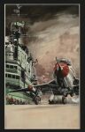 aircraft airplane black_border border cloud cloudy_sky fighter_jet highres komatsuzaki_shigeru landing_gear military_vehicle missile original outdoors painting_(medium) partially_colored people radar_dish ship sky third-party_source traditional_media vehicle_focus warship watercraft 
