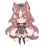  1girl amanogawa_shiina_(artist) animal_ears bare_shoulders between_breasts black_boots black_bra black_hat bone_ornament boots bra breasts brown_dress brown_hair buttons chibi chibi_only chisaka_airi chisaka_airi_(1st_costume) closed_mouth clothes_between_breasts coat coat_dress collar colored_inner_hair commentary detached_collar double-breasted dress english_commentary flower fold-over_boots full_body gold_trim hair_flower hair_ornament hairclip hat highres lace-up_boots long_coat long_hair looking_at_viewer multicolored_hair necktie necktie_between_breasts off-shoulder_coat off_shoulder phase_connect pink_hair red_necktie short_dress sidelocks simple_background smile solo standing streaked_hair tail thigh_boots underwear very_long_hair virtual_youtuber white_background white_collar white_dress white_streaks wide_sleeves wolf_ears wolf_girl wolf_tail yellow_eyes zettai_ryouiki 