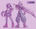 1boy 1girl armor artist_name baggy_pants bare_shoulders belt black_hair black_skirt black_thighhighs blonde_hair blue_eyes boots buster_sword cloud_strife crop_top detached_sleeves ellie_lotus english_commentary final_fantasy final_fantasy_vii final_fantasy_vii_remake full_body gloves hand_on_own_hip highres holding holding_sword holding_weapon long_hair looking_at_viewer low-tied_long_hair midriff open_mouth pants red_boots red_eyes red_gloves short_hair shoulder_armor simple_background skirt sleeveless sleeveless_turtleneck sparkle spiked_hair standing suspender_skirt suspenders sweater sword tank_top thighhighs tifa_lockhart turtleneck turtleneck_sweater weapon white_tank_top 