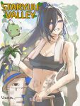  1girl abs against_railing asymmetrical_sidelocks ayase_yuu ayase_yuu_(2nd_costume) bare_shoulders belt black_belt black_eyes black_hair black_nails black_pants black_sports_bra blue_eyes blue_ribbon blue_streaks blush border cat cloud cloudy_sky collarbone commentary_request crop_top dirty ear_piercing emphasis_lines farm farmer fence flower_tattoo food grin hat hat_ribbon high_ponytail highres holding holding_food holding_vegetable irregular_border junimo leaf leaf_tattoo logo logo_parody long_bangs long_hair long_sidelocks looking_afar maximum_pamyu midriff mountainous_horizon multicolored_hair navel official_alternate_costume official_alternate_hairstyle pants parsnip phase_connect piercing plant ponytail railing ribbon sidelocks sketch sky smile spiked_ear_piercing sports_bra standing stardew_valley stomach_tattoo straw_hat streaked_hair sweat tattoo teeth towel towel_around_neck underbust upper_body vegetable very_long_hair virtual_youtuber white_border wooden_fence yuunion_(ayase_yuu) 