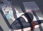  1girl animal_ears bdsm black_shorts black_thighhighs blue_eyes bondage bound breasts commentary fox_ears fox_girl fox_tail highres hololive hood hoodie long_hair medium_breasts no_shoes ocha_otome shirakami_fubuki shirakami_fubuki_(1st_costume) shorts solo tail thighhighs white_hair white_hoodie 