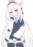  1girl absurdres black_hairband black_skirt black_thighhighs blue_archive blue_necktie blush bright_pupils collared_shirt commentary cowboy_shot finger_to_mouth hair_between_eyes hairband halo highres jacket kei_(blue_archive) kei_(student)_(blue_archive) long_hair long_hair_between_eyes long_sleeves looking_at_viewer miniskirt necktie pink_eyes pink_halo pleated_skirt rectangular_halo rifnets_(dtiko) school_uniform shirt simple_background skirt solo standing thighhighs unfinished very_long_hair white_background white_hair white_pupils white_shirt 