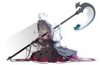  1girl absurdres antenna_hair bare_shoulders black_dress closed_mouth commentary dress eclipse_scythe eclipse_shadow elbow_gloves english_commentary frills gloves gradient_hair grey_hair hair_flowing_over hair_intakes headgear hello_silly0081 highres holding holding_scythe jewelry long_hair looking_at_viewer magical_girl meitantei_precure! moria_luluka multicolored_hair precure puffy_dress red_eyes scythe sitting solo very_long_hair wariza winged_gloves 