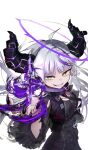  1girl absurdres ahoge black_dress black_jacket black_nails breasts collar commentary dress fingernails grey_hair grin halo highres hololive horn_belt huge_horns jacket la+_darknesss la+_darknesss_(5th_costume) lock long_hair long_sleeves looking_at_viewer magic metal_collar multicolored_hair nail_polish pointy_ears purple_streaks sauce_darusungi see-through_clothes see-through_jacket sharp_fingernails simple_background sleeveless sleeveless_dress slit_pupils small_breasts smile solo streaked_hair twitter_username upper_body variant_set virtual_youtuber watermark white_background yellow_eyes 