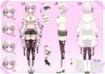  1girl absurdres bare_shoulders belt black_gloves black_thighhighs blue_eyes blush boots border breasts choker cleavage closed_mouth collarbone commentary_request eyelashes feather_hair_ornament feathers fingerless_gloves fingernails from_behind from_side front-tie_top full_body gloves green_ribbon grey_choker hair_ornament hair_ribbon hairclip high_heel_boots high_heels highres indie_virtual_youtuber jacket midriff multiple_expressions multiple_views nail_polish navel off_shoulder official_art open_clothes open_jacket open_mouth osakima_shiro parallel_hairclips pink_background pink_belt pink_nails pouch purple_hair reference_sheet ribbon second-party_source short_hair smile solo sorashima_(117) standing straight-on thighhighs torn_clothes torn_thighhighs translation_request virtual_youtuber white_boots white_border white_jacket zettai_ryouiki 